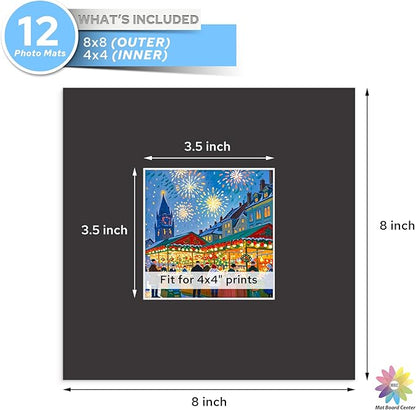 Mat Board Center, 8X8 Black Mats for 4X4 Pictures - Acid Free, 4-Ply Thickness, White Core, Bevel Cut - for Artworks, Photos, Framing - Pack of 12