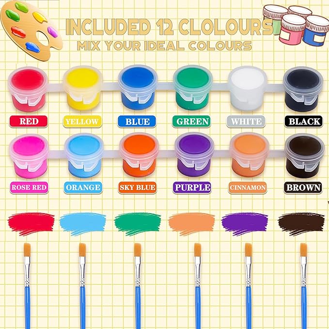 DUA MAIGA 210 Pcs Mini Acrylic Paint Set,12 Colors Acrylic Paint Strips with 30 Pcs Paint Brushes for Kids & Adults, Kids Paint Set for Home Birthday Classroom Party Favors
