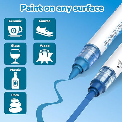 Guangna 12 Blue Dual Tip Acrylic Paint Markers, Brush Tip & Chisel Tip Acrylic Paint Pens for Rock, Wood, Glass, Paper, Coloring Book, Ceramic, Canvas, Water-Based Ink