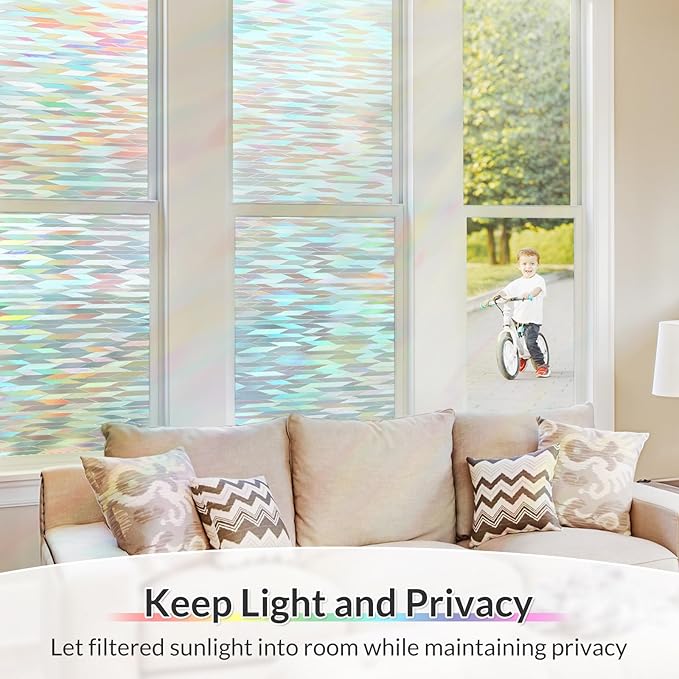 rabbitgoo Window Privacy Film with Installation Tools, Stained Glass Window Film Rainbow Prism Decorative Glass Clings for Home Decor, Static Cling Covering Sun Blocking, 17.5" x 157.4"