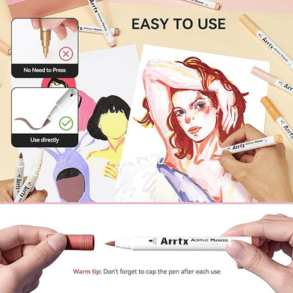 Arrtx 30 Colors Skin Color Acrylic Paint Pens, Skin Tone Paint Markers Paint Pens for Artists Adults Coloring Drawing Brush Tip for Rock Painting, Wood, Canvas, DIY Crafts Making Art Supplies