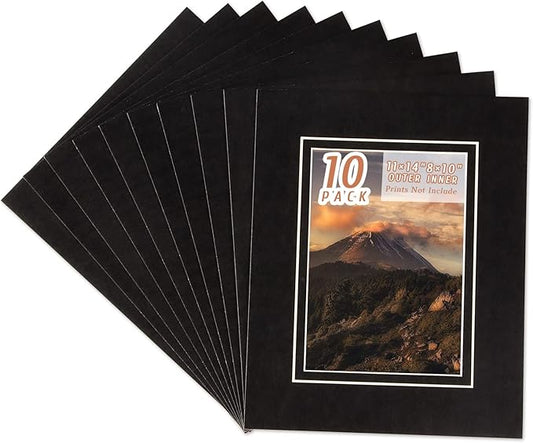 HOTUO 10 Pack Acid Free Black Picture Frame Mats, Pre-Cut 11x14 Picture Mats with Ivory Core Bevel Cut for 8x10 Photo, Signature Friendly 4 Ply Thickness Photo Mat for Frames (Black with V-Groove)