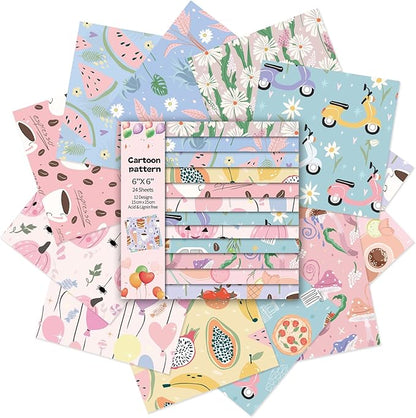 24 Sheets 12 Designs Scrapbook Paper Pad,6"×6” Single-Sided Decopodge Craft Cardstock Paper,Christmas Scrapbooking DIY Decorative Background Cardmaking Supplies.Cartoon