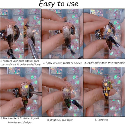 24 Grids Holographic Nail Sequins and 1 Pcs Tweezers,Iridescent Mermaid Flakes Ultra-Thin Colorful Flakes Glitter Sticker,DIY Face Body Eyes for Nail Art Decoration