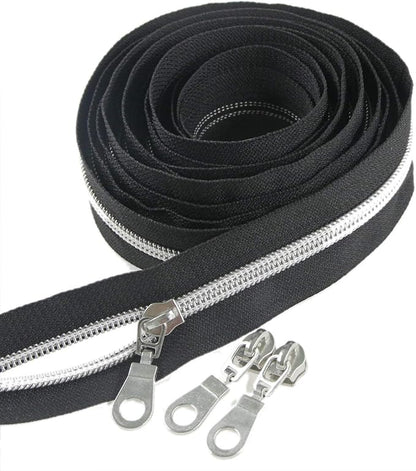 Leekayer #5 Silver Metallic Nylon Coil Zippers by The Yard Bulk 10 Yards Black Tape with 25pcs Silver Sliders for DIY Sewing Tailor Craft Bag(Black)