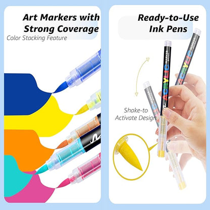 36 Colors No bleeding Non-Toxic Multi-Surface Flexible Tip Acrylic Paint Brush Markers Set, Water-Based Painting Art Pens for Canvas, Glass, Wood, Paper, Ceramic
