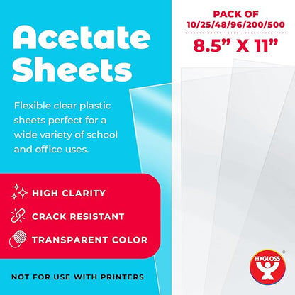 Hygloss 8.5" x 11" Acetate Paper - 7 Mil Clear Acetate Sheets for Crafts Projects, Classroom Stencil Sheets, Overhead Transparency Sheets for Projector, Clear Plastic Sheet (Not for Printers) 48 Pack