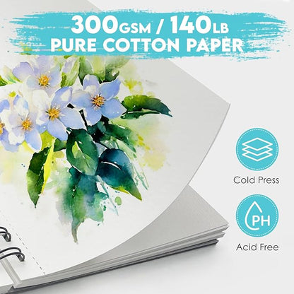 KOVIEDE 100% Cotton Watercolor Paper Pad - 30 Sheets 5.5"x8.5" Spiral Bound, 140lb/300gsm Cold Press Watercolor Sketchbook, Artist Quality Art Journal Supplies for Adults, Kids & Beginners, Green