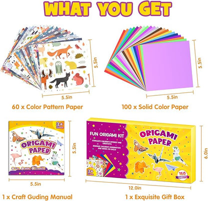 Pigipigi Kids Craft Origami Paper Kit for Kids Ages 5-8 8-12, with Guiding Book, 160 Sheets DIY Art and Crafts Supplies, Colorful Folding Papers Set Projects Gifts Activity for Boy Girl Toy(Forest)