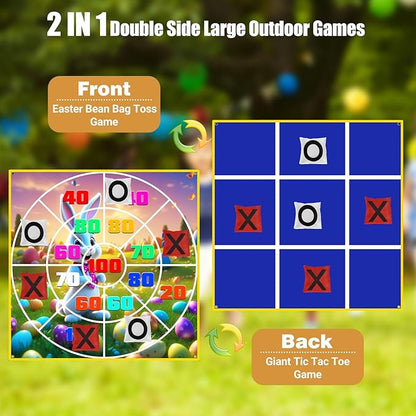 2-in-1 Outdoor Games Large Bunny Egg Bean Bag Toss & Giant Tic Tac Toe 4.5Ft, Double-Sided Lawn Yard Game for Kids Adults, Easter Party, Camping Backyard Carnival Field Day, Family Reunion Fun