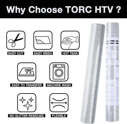 TORC Silver Glitter HTV Heat Transfer Vinyl Roll 12 inch x 10 ft Iron on Vinyl for T Shirts Crafts