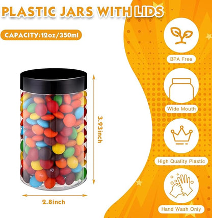 SATINIOR 12 Pack 12 oz Plastic Container Jars with Lids Round Clear Travel Cosmetic Container Slime Jars for Toiletries, Lotion, Cream, Ointments, Makeup, Rhinestone, Samples, Kitchen Storage(Black)