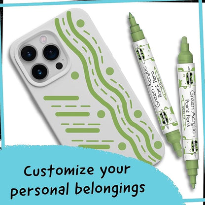 4 Dual Tip Green Paint Pen Metallic - Fine Tip & Medium Acrylic Paint Markers - Green Marker for Metal, Wood, Rock Painting, Canvas, Ceramic, Glass, Fabric, Leaf and Plastic - Water-based Ink