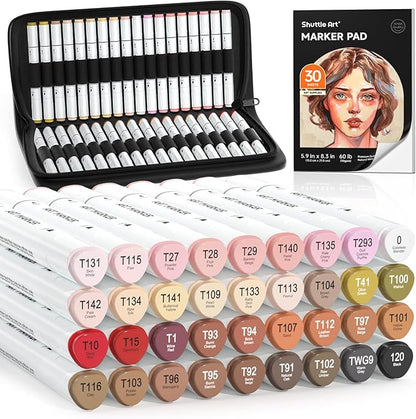Shuttle Art 36 Colors Skin Tone&Hair Art Markers, Dual Tip Alcohol Based Marker Pen Set Contains 1 Blender 1 Carrying Case 1 Marker Pad Perfect for Kids & Adults Portrait,Comic, Anime, Manga