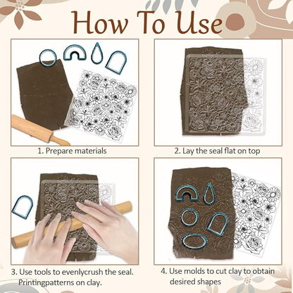CHGCRAFT Flowers Polymer Clay Texture Sheets Rose Daisy Silicone Texture Stamp Lilies Cherry Blossom Clay Modeling Pattern Pad Texture Sheets for Polymer Clay Making Earrings Jewelry