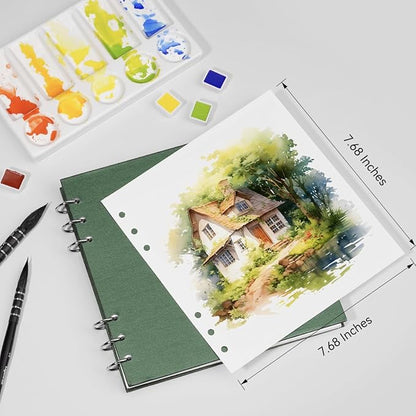 Lightwish Square Watercolor Journal,100% Cotton,300gsm/140lb,Acid-Free,20 Sheets Hot Press Watecolor Paper Sketchbook for Artists Adults Students,7.68 * 7.68 Inches(Dark Green)