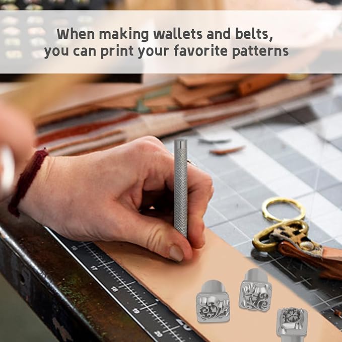 Leather Craft Stamping Tools, Leather Stamping Kit with 12 Tangcao Patterns Stamp and Punch Tools and 25mm Hammer and 3 thimbles for Craft Stamps