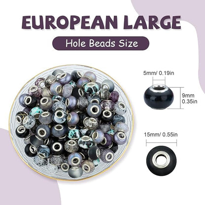 LAIDANLA Black Mix Large Hole Beads, 100pcs 14mm Round Resin, Plastic, Acrylic Loose Beads for Jewelry Making, Crafts & Decoration