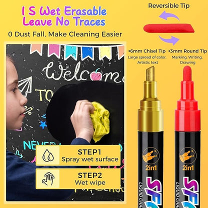 SFAIH 24 Vibrant Chalk Markers for Blackboard [1s Wet Wipe] - No Residue, 6mm Chalk Markers for Chalkboard Calendar, Glass, Window, Menus, Labels, Signs, Car, Non-Toxic, Ideal for Bistro Home School