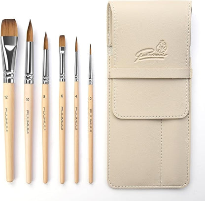 Sable Travel Watercolor Brushes, Fuumuui 6pcs Kolinsky Sable Watercolor Travel Brushes with Short Handles - Detail Liner Pointed Round Flat Wash Mop for Watercolor Gouache Ink Painting