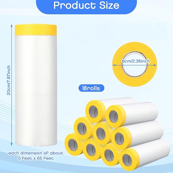 Seajan 18 Roll Painters Plastic with Tape Pre Taped Masking Film for Painting Automotive Paint Adhesive Protective Film Masking Tape Roll Plastic Painting Covering (White,5 x 65 Ft)