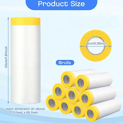 Seajan 18 Roll Painters Plastic with Tape Pre Taped Masking Film for Painting Automotive Paint Adhesive Protective Film Masking Tape Roll Plastic Painting Covering (White,5 x 65 Ft)