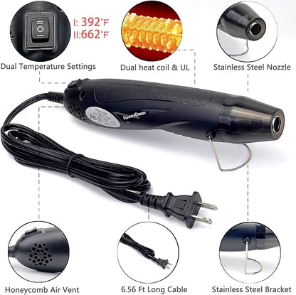 Mini Heat Gun+Reflector Nozzle Kit 350W Fast Heat Hot Air Gun Overload Protection 2 Temp Setting 392°F-662°F & 6.6Ft Long Cable for Craft Shrink WrappingTubing Stripping Paint
