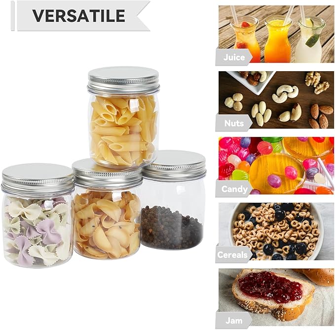 novelinks 8 oz Clear Plastic Jars with Screw-On Lids - BPA-Free Refillable Storage Containers for Slime, Spices, Crafts, Kitchen & Home Organization (16 Pack,Silver)