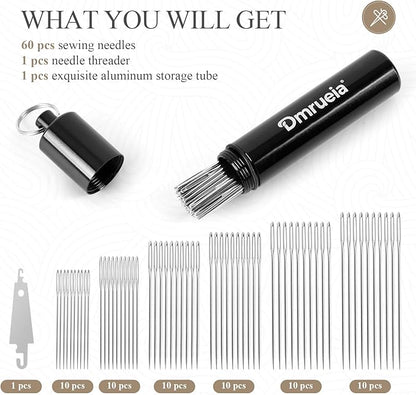 Dmrueia 60 Pcs Large Eye Embroidery Needles, 6 Sizes Hand Sewing Needles, Quilting Needles with Aluminum Tube, Sharp Needles for Art Crafts.