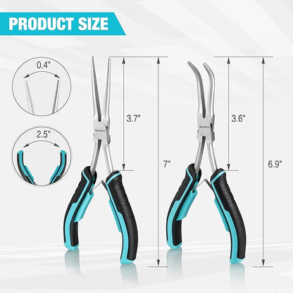DURATECH 2PCS 7" Long Reach Needle Nose Pliers Set, Long Nose Pliers & Bent Nose Pliers, Small Needle Nose Pliers for Jewelry Making, Wire Wrapping, Wire Bending and Object Gripping on Narrow Space