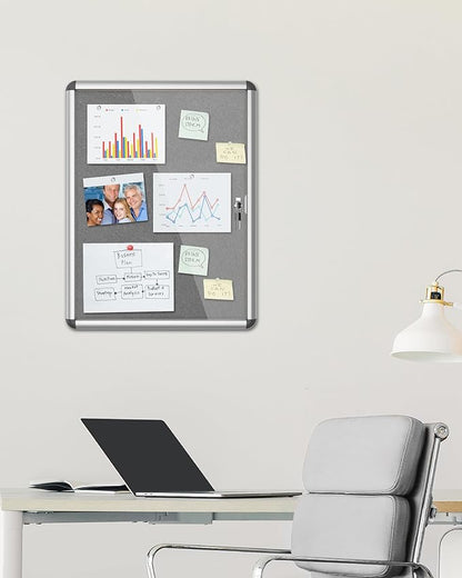 26"x20" Enclosed Bulletin Board, Lockable Weather-Resistant Aluminum Cork Noticeboard for School & Office, Silver Frame w/Grey Flet