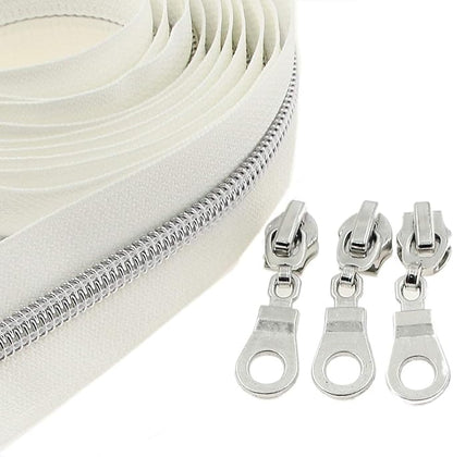 Leekayer #5 Silver Metallic Nylon Coil Zippers by The Yard Bulk 10 Yards White Tape with 25pcs Silver Sliders for DIY Sewing Tailor Craft Bag(White)