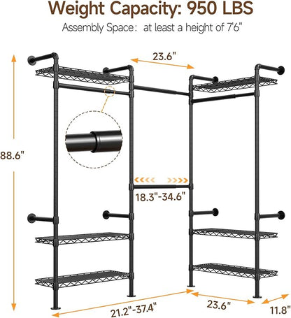 L3 Industrial Pipe Closet Organizer System, Wall Mounted Clothes Rack Clothing Racks with 4 Telescopic Rods & 6 Shelves , Heavy Duty Closet System in Wardrobe Closet (Black)