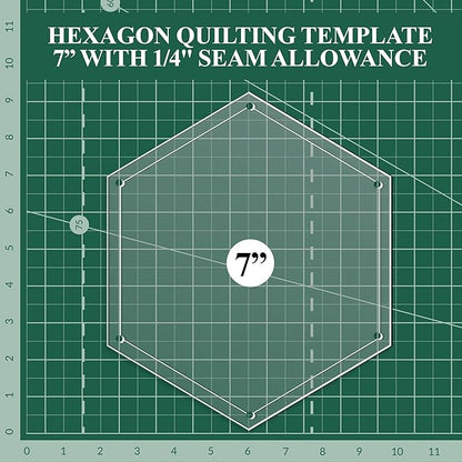 Hexagon Quilting Template Set - 7" with 1/4" Seam Allowance - Durable Acrylic Templates for Quilting, Patchwork, Crafting, & Sewing Projects - Clear Templates for Accurate Designing