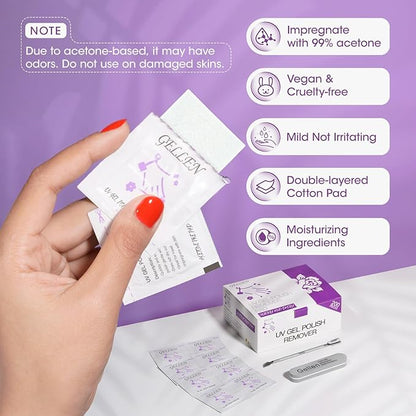GELLEN Acetone Nail Polish Remover Pads, Professional Gel Polish Remover Pads, 200 Pack Travel Bulk Set with Tools, Individually Wrapped Quick & Effective Soak Off Remover for Salon Home