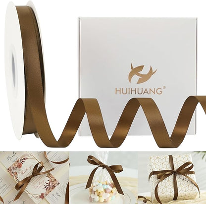 HUIHUANG Brown Satin Ribbon 1/2 inch Continuous 50 Yards Double-Faced Satin Ribbon for Gift Wrapping, Bows, DIY Crafts, Flower Bouquet, Wedding Decor, Holiday Decor