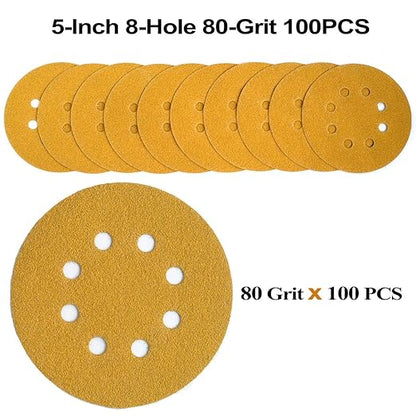 5-Inch 8-Hole Hook and Loop Sanding Discs 80-Grit Random Orbit Sandpaper, 100-Pack