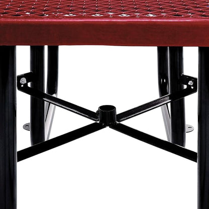 Global Industrial 46" Square Picnic Table, Expanded Metal, Red Thermoplastic Coating, Attached Benches, 1-1/2” Umbrella Pole Hole, Outdoor-Rated, 1000 lb Capacity
