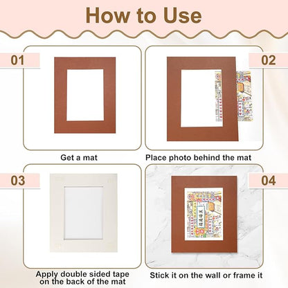 uxcell 10Pcs Picture Mats, 8 x 10 Mat Board Center for 5 x 7 Pictures Acid Free White Core Bevel Cut Frame Mattes for Display Art Measuring, Kraft Paper Color