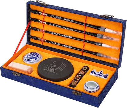 MEGREZ Chinese Calligraphy Set for Beginners, Comes with Calligraphy & Sumi Brushes,Calligraphy Ink Stick and Ink Stone for Writing and Drawing, Blue Gift Box(10 Items)