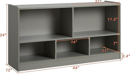 Kids Toy Storage Organizer, 5-Section Storage Cabinet for Organizing Books Toys, Wooden Bookshelf Daycare Furniture for School, Classroom Playroom, Nursery, Kindergarten (Gray)