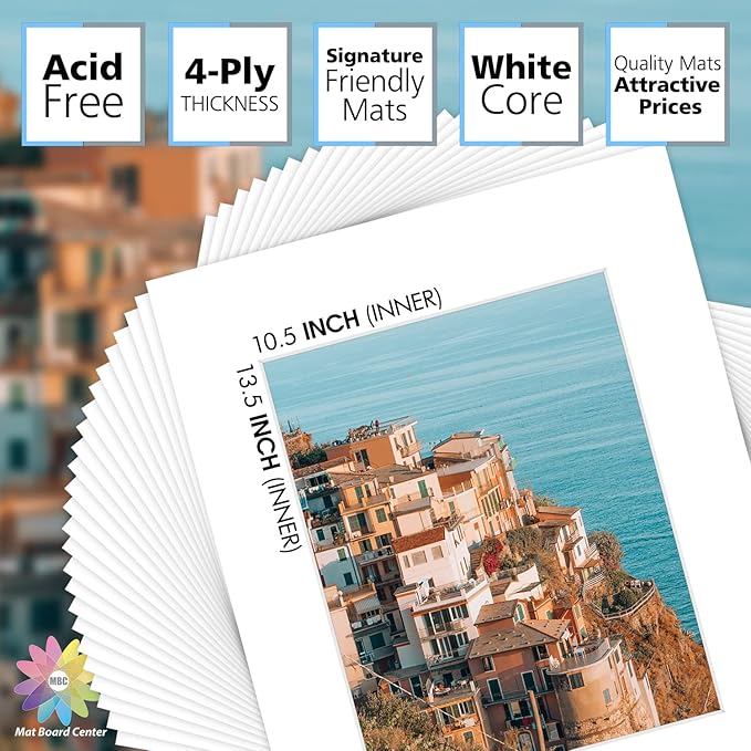 Mat Board Center, Pack of 25, 16x20 for 11x14 White Picture Mat Sets - Acid Free, 4-ply Thickness, Bevel Pre-Cut White Core - Includes Backing Boards and Clear Bags - for Pictures, Photos, Framing