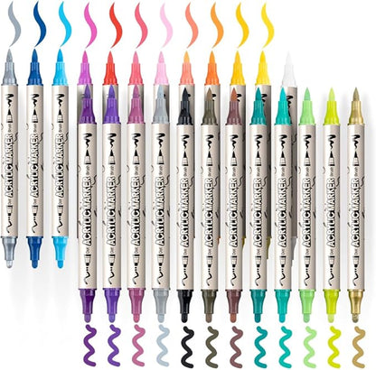 TRANSON 24 Colors Bold and Brush Dual-tip Acrylic Paint Marker Pen for Canvas Rock Wood Leather Ceramic DIY Painting