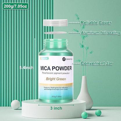 Mica Powder,200g/7.21oz Large Jar,Bright Green Mica Powder Pigment for Epoxy Resin，Lip Gloss，Paint，Dye，Soap Making，Nail Polish,Candle Making,Bath Bombs