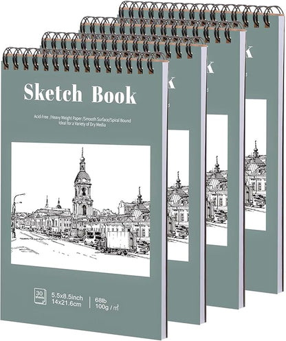 4 Pack Small Sketch Books, 5.5 x 8.5 Inch Mini Sketchbook, 68lb/100gsm Spiral Bound Small Sketch Pad, Acid Free Art Supplies Drawing Painting Sketchbook for Kids, Beginners, Artists (30 Sheets Each)