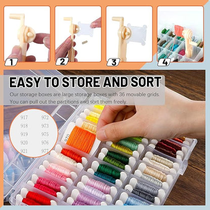 Tanstic 157Pcs Embroidery Floss Organizer Kit, Include 50 Color Embroidery Floss, Floss Bobbins, Bobbin Winder, Stickers, Needle Threader, Ruler, Scissor with 36 Compartments Jewelry Storage Box