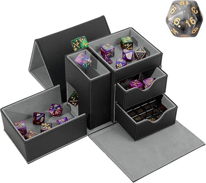 Dice Tray & Dice Tower Storage Box, 3 in 1 Dice Holder Case (Dice Rolling Tray, Dice Rolling Tower, Dice Storage Drawers), Leather Magnetic Closure DND Accessories Gifts for RPG MTG, Black/Grey