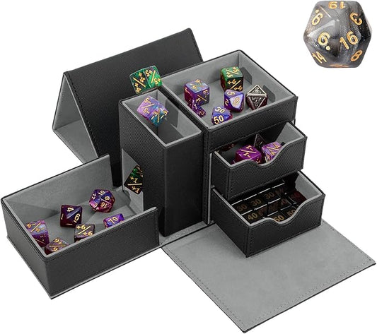 Dice Tray & Dice Tower Storage Box, 3 in 1 Dice Holder Case (Dice Rolling Tray, Dice Rolling Tower, Dice Storage Drawers), Leather Magnetic Closure DND Accessories Gifts for RPG MTG, Black/Grey