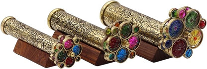 RII Handcrafted Etched Floral Pattern Lacquered Brass Kaleidoscope Includes Two Separate Turning Wheels-Unique Gift Ideas for Someone Special. (7"x1.25")