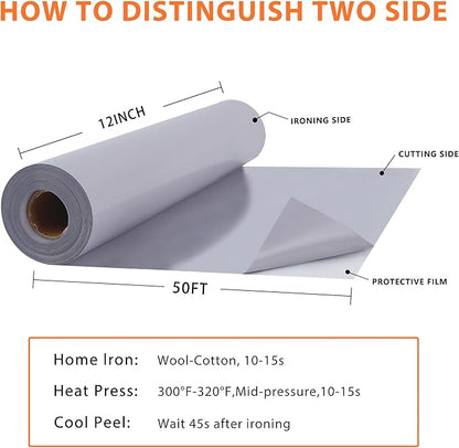 RENLITONG Grey Iron on Vinyl 12Inch by 50ft Roll HTV Heat Transfer Vinyl for T-Shirt HTV Rolls for All Cutter Machine - Easy to Cut & Weed for Heat Transfer Design